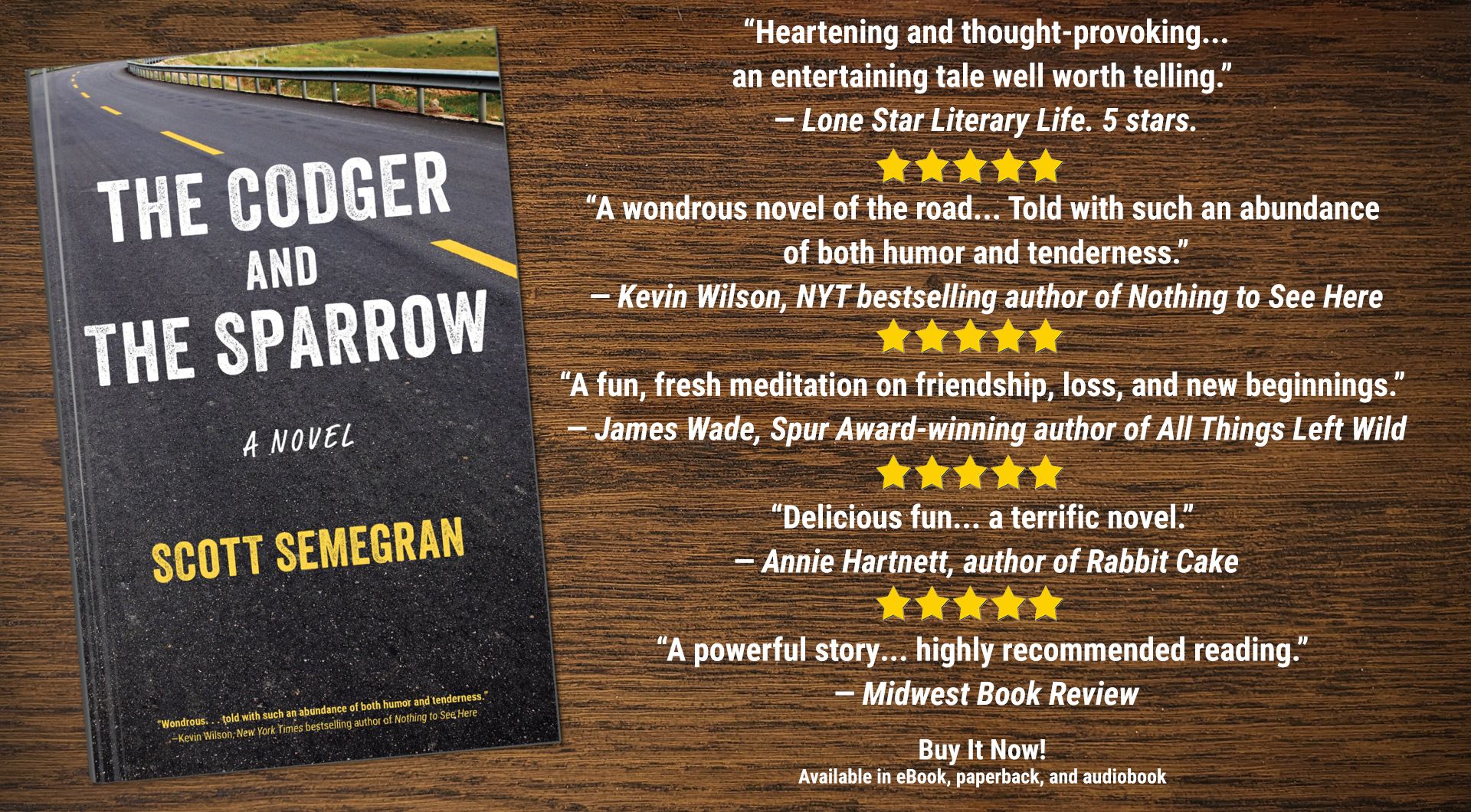 The Codger and the Sparrow home page banner with reviews